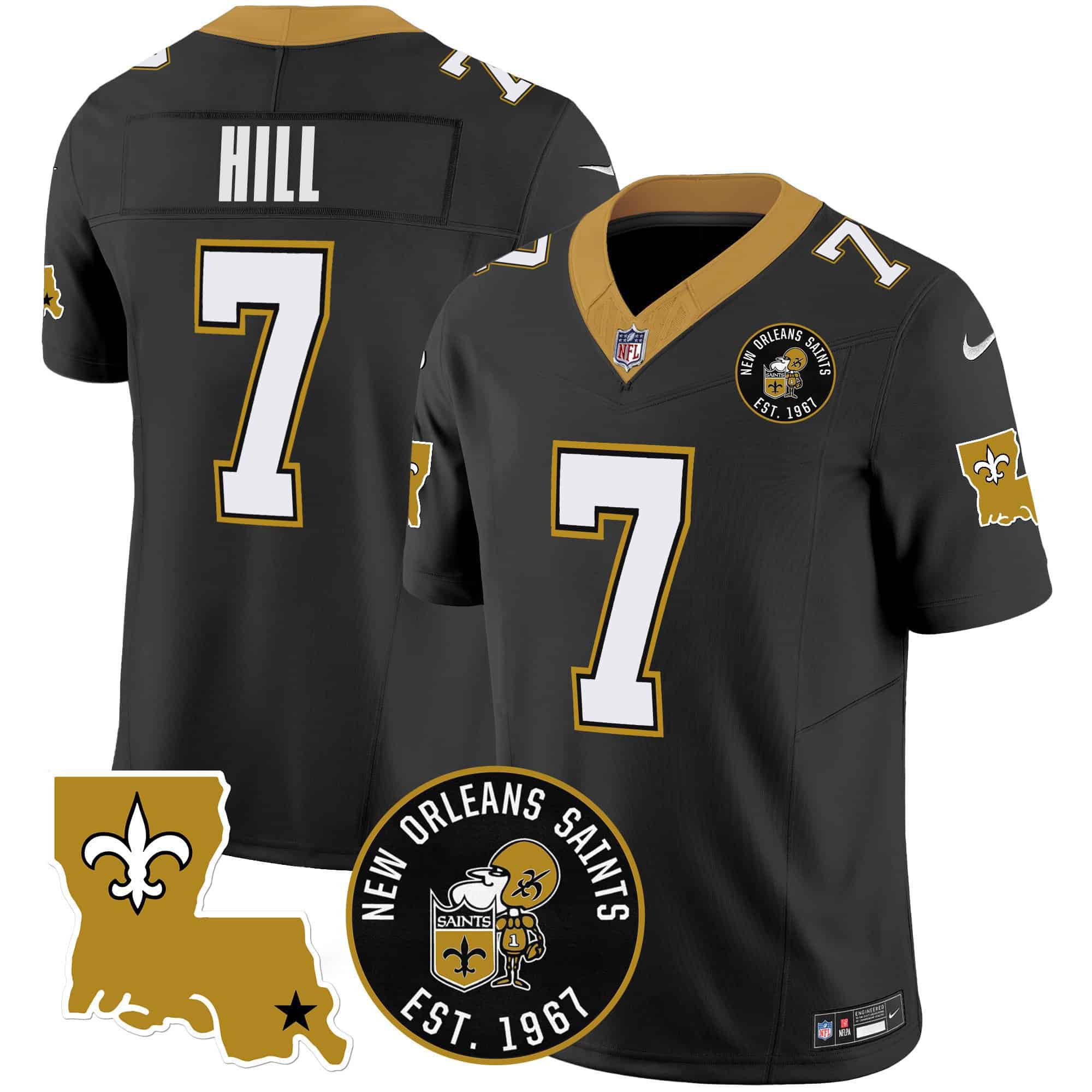 Men New Orleans Saints #7 Hill Black 2024 Nike 1967 Patch Vapor Limited NFL Jersey style 1